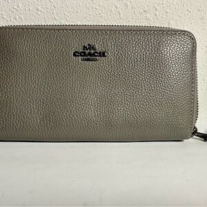 COACH: Large Gray Pebbled Leather Zip-Around Wallet